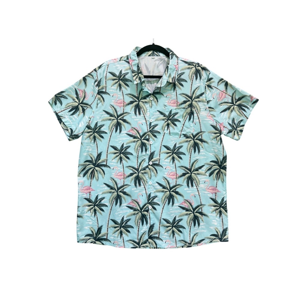 NWOT SHEIN Mens 2XL Button Down Hawaiian Shirt Light Blue Flamingo Palm Tropical
